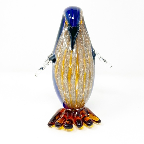 Vintage Art Glass Penguin, Cobalt Blue Gold Striped Handblown